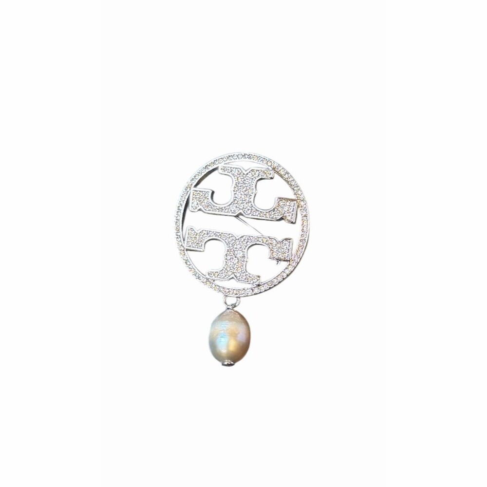 Tory Burch Double T Logo Brooch Pin Silver Crystal Pavรฉ Pearl Drop Dangle